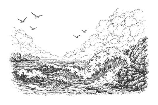 Dramatic stormy sea with crashing waves and rocky coastline, detailed hand drawn vintage engraving style ocean landscape vector illustration