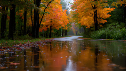 Autumn Reflection: A tranquil road winds through a vibrant autumn forest, its surface reflecting the colorful foliage and creating a sense of serenity.