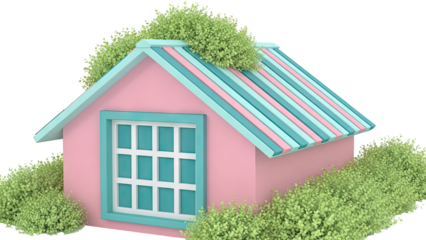 Pink cartoon house with green bushes and pastel roof