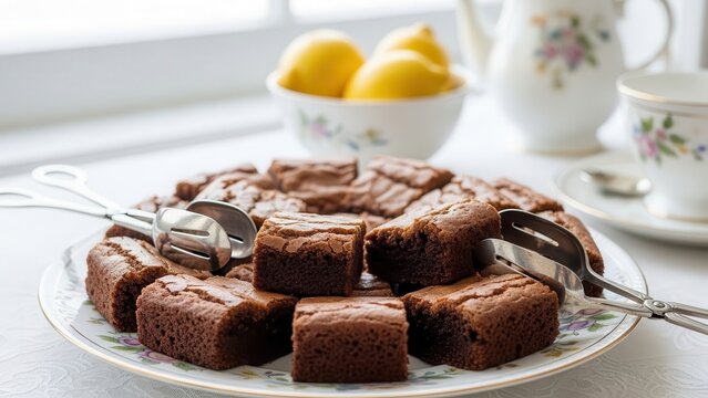 Plate of freshly baked, rich chocolate brownies served with silver tongs and serving spoons, accompanied by a white teapot and a bowl of bright yellow lemons in a bright, airy setting