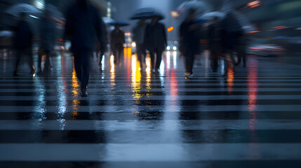 Rainy City Crossing: Capturing the blurry yet vibrant scene of a city crosswalk on a rainy day, with people using umbrellas against the downpour and the reflections of the streetlights. 