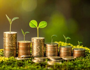 積み上げた金貨が増えるイメージと金色の背景