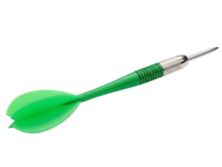 Green darts with smooth plastic fins, textured slim shafts, and sharp metal tips, representing accuracy, focus, and competitive sports isolated on white or transparent background. PNG format.