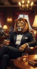 Fototapeta premium Anthropomorphic lion in formal attire relaxes in an opulent indoor setting with drinks