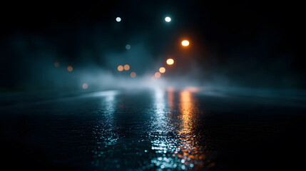 Nighttime Street Scene: A dimly lit urban street scene at night, shrouded in an atmospheric mist.