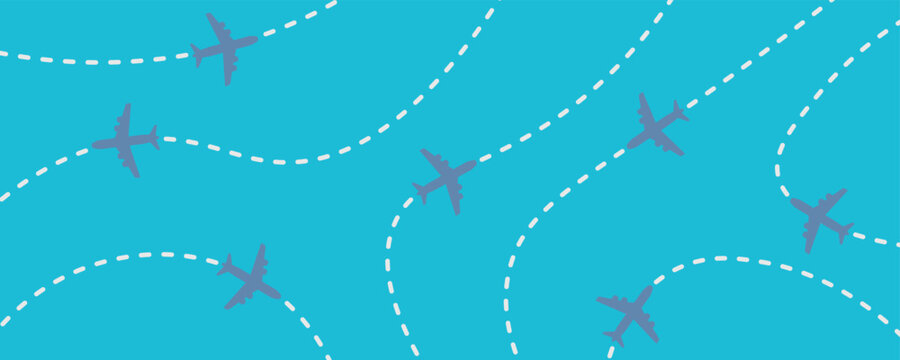 Airplane flight path pattern with dotted routes on blue sky. Vector background for travel cover, poster design.