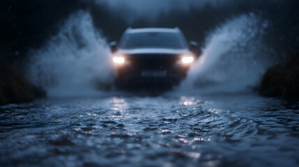 Conquering the Waters: A rugged vehicle fearlessly forges through a flooded waterway, captured in the stillness of dusk, illuminated by its headlights.