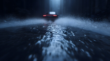 Driving in the Abyss: A lone automobile navigates a flooded road with determined resolve in a cinematic, atmospheric capture. The car's taillights cut through the darkness.