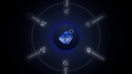 Blue Price Tag with Glowing Circle and Six Action Buttons on Dark Background for Business Finance and Technology Concepts - Powered by Adobe