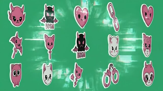 Cute Pink Devil Bat Heart Chain Kitty Owl Handcuffs Motion Graphic