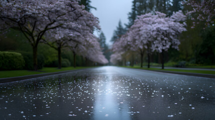 Cherry Blossom Avenue in Bloom: A tranquil avenue is beautifully adorned with blossoming cherry trees, their delicate pink petals softly scattering across the glistening, rain-kissed pavement.