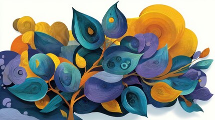 Floral Arrangement with Intricate Patterns in Blue Purple and Gold Against a White Background Art Nouveau Style