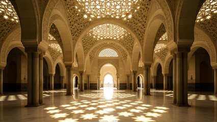 Fototapeta premium A large room with arches and columns and a light shining through the arches on the floor