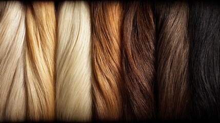 Gradient Hair Color Swatches from Blonde to Black on Dark Background