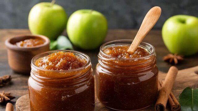 Homemade apple jam in glass jars with cinnamon sticks on rustic wooden table. Homemade Apple Butter in Jars, concept of homemade preserves