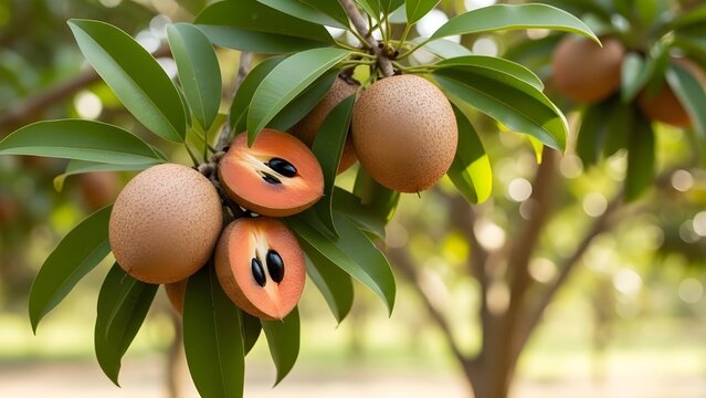 Sapodilla Fruit Growing on Tree Branch with Green Leaves in Tropical Orchard
