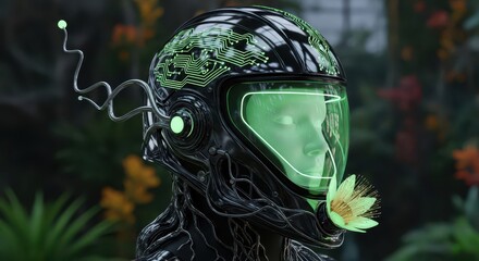 Futuristic synthetic being wearing a high-tech helmet integrated with organic floral elements in a botanical setting