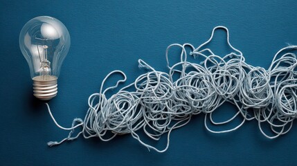 Lit Lightbulb with Silver Wire Leading to Tangled Pile on Dark Blue Textured Surface Top View