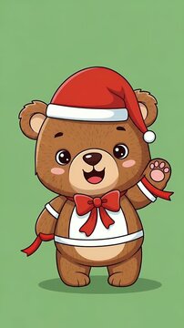 Cute Pixel Art Teddy Bear Wearing Santa Hat And Red Bow Tie