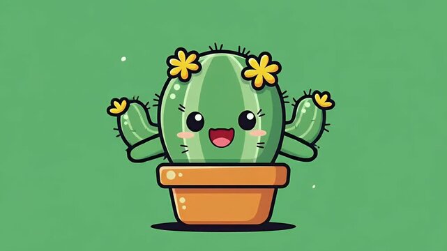 Cute Cactus Character Winking and Smiling in Potted Plant Animation