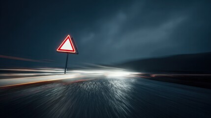 Traffic warning sign at night with blurred lights from passing vehicles on a wet road