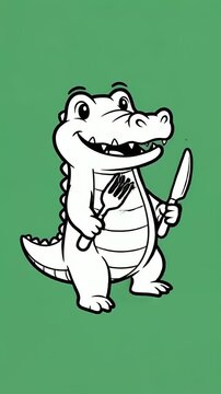 Cute Cartoon Alligator with Fork and Knife Ready to Eat Green Background