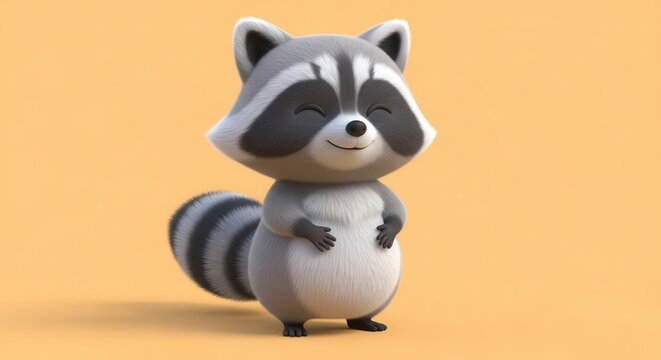 Delightful cartoon raccoon character stands happily against a plain background