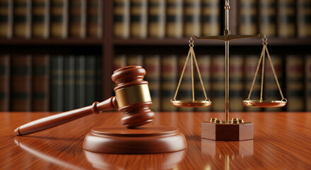 Justice scales and gavel on a wooden desk in a library with law books