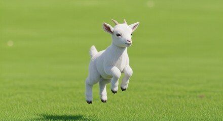 Fototapeta premium Small white kid goat leaps happily across a bright green pasture