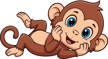 Cartoon monkey character vector, playful animal lying on side, cute jungle creature illustration, children’s content, wildlife theme, nature design, educational use © Hello World