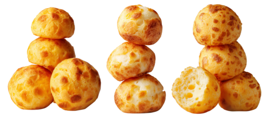 Stack of Brazilian cheesy bread balls with golden crust and holes, isolated on white background, concept of Pao de Queijo food