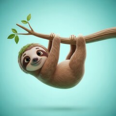 Fototapeta premium Charming cartoon sloth character hangs happily from a tree branch against a bright background