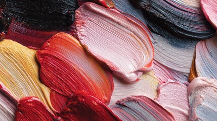 Macro Of Textured Acrylic Paint Strokes In Shades Of Red Orange Gold And Gray With A Glossy Finish Surface