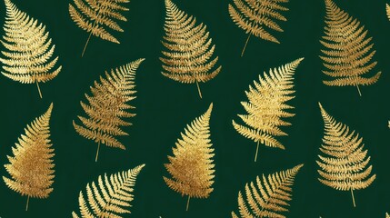 Elegant Golden Ferns Pattern on Deep Green Background Botanical Texture Illustration Wallpaper Design Nature Inspired Decorative Motifs Luxury Art Print Backdrop