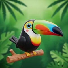 Obraz premium Cute stylized bird with a large colorful beak perched on a brown branch in a lush green forest