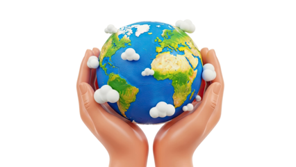Hands holding planet Earth with clouds