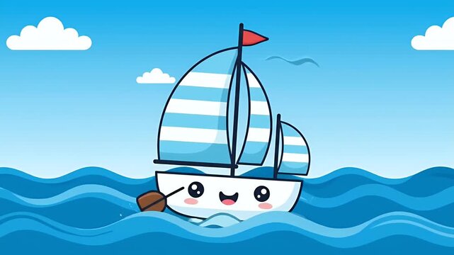 Cute Sailboat Animation With Blue White Sails Sailing On Wavy Ocean