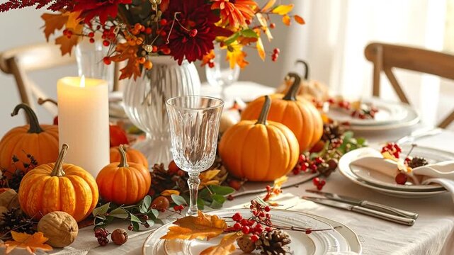 A festive table setting featuring pumpkins, candles, colorful foliage, and autumnal decor for a celebration
