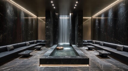 Modern Dark Lounge With Sparkling Accents And Central Water Feature Creates A Luxurious And Relaxing Atmosphere Under Ambient Lighting