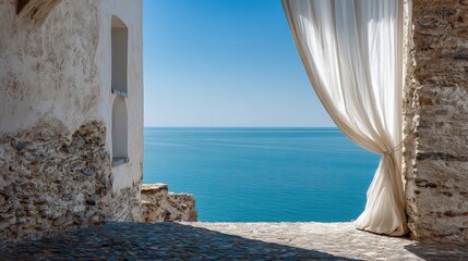 Ocean View Through Stone Window with White Curtains on Sunny Day with Blue Skies and Azure Waters in Seaside Mediterranean Setting