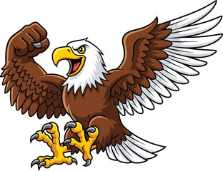 Obraz premium Powerful cartoon eagle with wings spread, flexing strong arm, fierce patriotic bird mascot illustration, bold animal character, flat vector design, isolated white background