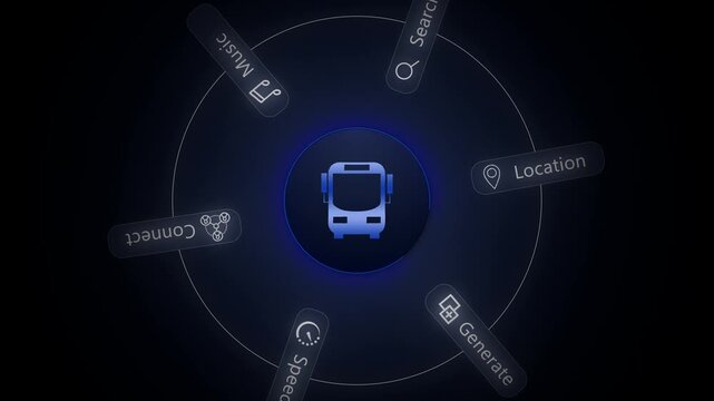 Futuristic bus surrounded by settings options for customizing travel experience with search location music and speed controls on dark background