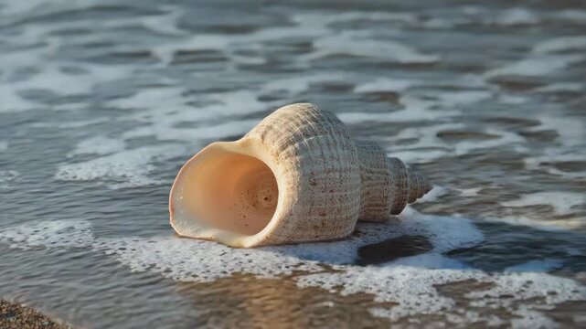 Seashell sandy shore shell beach ocean wave closeup coastline seashell sandy beach with gentle wave