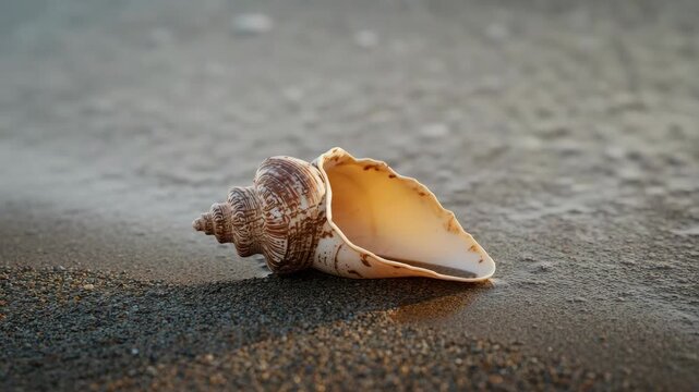 Seashell wet sand with gentle wave and warm light, coastal shell with ocean foam peaceful beach