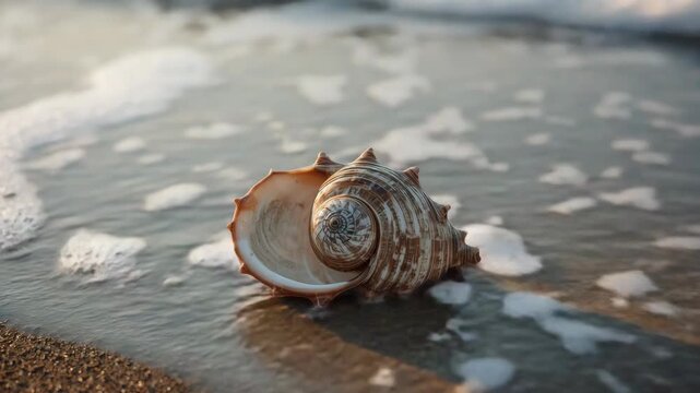 Seashell sandy beach with gentle wave, ocean foam and warm sunlight serene coastal shell sand wave