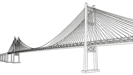 Fototapeta premium Cable-stayed bridge architectural drawing on white background.