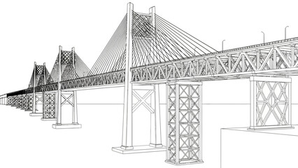 Fototapeta premium Detailed technical drawing of a cable-stayed bridge with multiple pylons and piers.