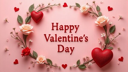 Flat lay cute pink and red decoration : heart shaped, flowers, 3d text "Happy Valentine's Day" greeting card, border, frame, border, banner, poster, graphic design, love symbol