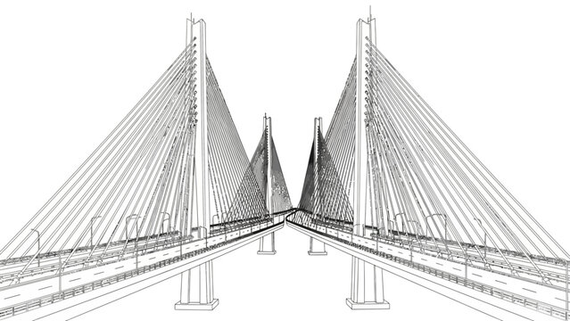 Detailed architectural drawing of a modern cable-stayed bridge with symmetrical design and multiple towers.