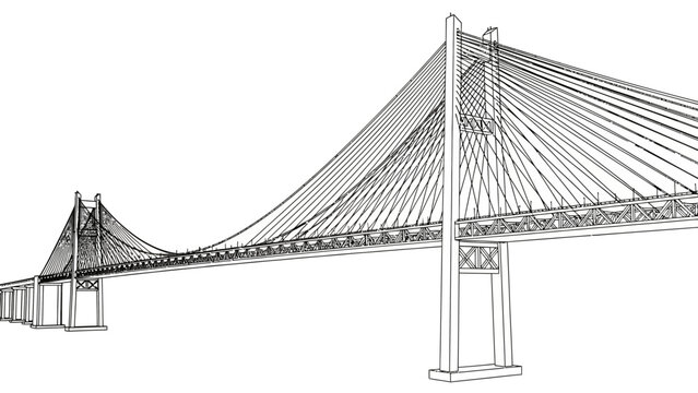 Cable-stayed bridge architectural drawing on white background.